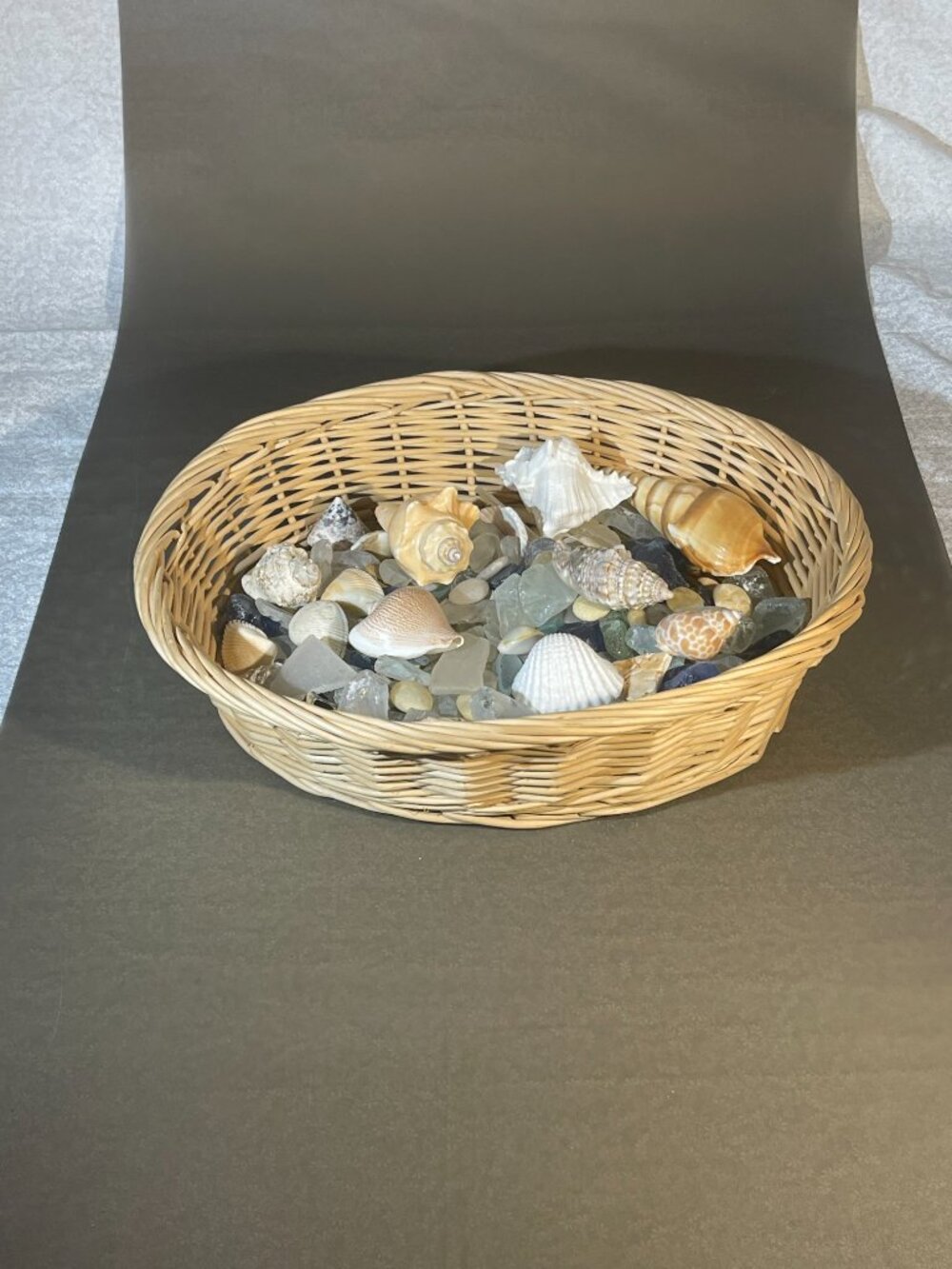 Wicker Basket 12x9.5" with 4 lbs of Seashells, Sea Glass, sea worn stones (#1984